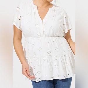 Torrid, Size 2, White, Babydoll Eyelet Tiered Top - NWT
